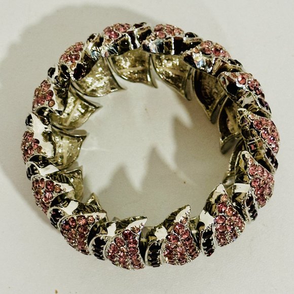 Cuff Bracelet Silver Tone Metal Base Burgundy & Pink Rhinestones EUC Expandable - Picture 5 of 7